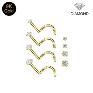 Solid 9K yellow gold nose pin with 4-claw set genuine G-SI1 diamond