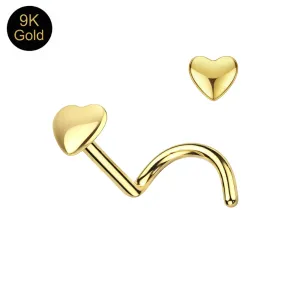 Polished 9K yellow gold heart top nose screw on a white background.