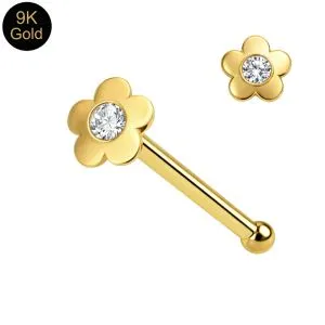9K yellow gold nose pin with a five-petal jeweled flower top and ball-end post.