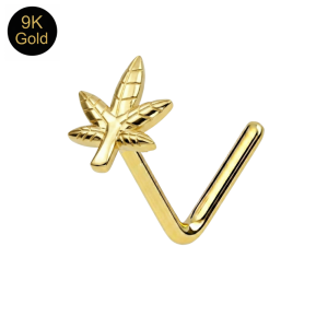 9K Solid Yellow Gold Marijuana Leaf L-Bend Nose Stud (22G)