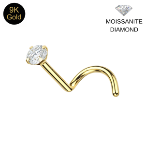 9K Solid Yellow Gold Moissanite Diamond Claw-Set Screw Nose Stud | 22G