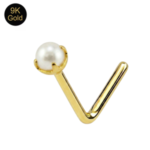 9K Solid Yellow Gold Lustrous Pearl L-Bend Nose Stud (22G)