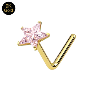 9K Solid Yellow Gold Stellar Pink Star CZ L-Bend Nose Stud (22G)