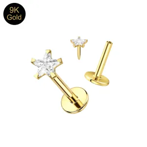 9K Solid Gold Star CZ labret showing threadless stone top and base separate for fitment visualization.