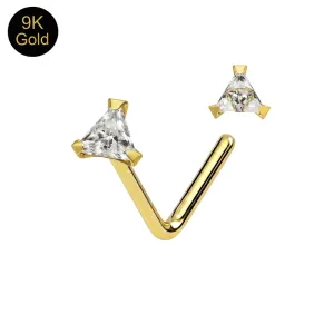 9K Solid Yellow Gold 3-Prong Triangle CZ L-Bend Nose Stud (22G)