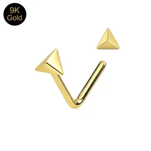 Main product view of a 9k solid yellow gold L-bend nose stud with a 2mm 3D pyramid top.
