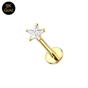 Close up of 3mm Star cut CZ stone prong-set in 9K solid yellow gold.
