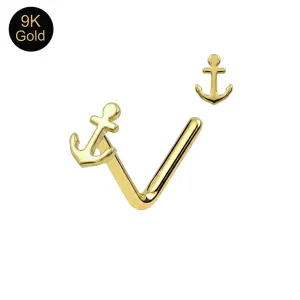 9K Solid Yellow Gold Nautical Anchor L-Bend Nose Stud (22G)