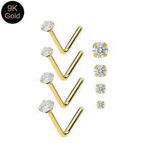 Main product view of 9K solid yellow gold L-bend nose studs featuring four sizes of genuine round crystals in a claw setting.