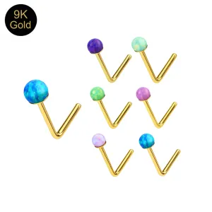 Main collection view of 9k solid yellow gold L-bend nose studs with iridescent opal balls in various colors.