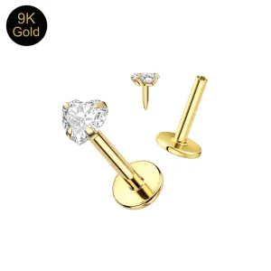 9K Solid Gold Heart CZ labret set showing the threadless heart top and flat-back base separate for fitment visualization.