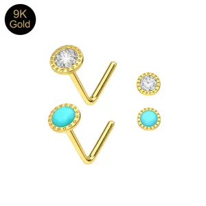 Main view of 9K solid yellow gold L-bend nose studs with 4mm decorative hole-pattern frames in Clear and Turquoise.