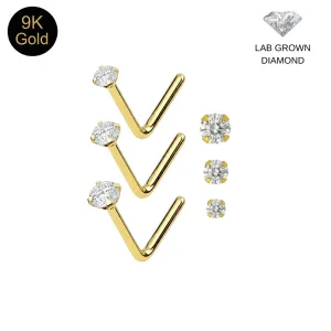9K Solid Gold Prong-Set Round Lab-Grown Diamond L-Bend Nose Stud (22G)