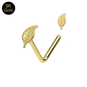 Main product view of a 9k solid yellow gold L-bend nose stud with a 5mm leaf feather design.