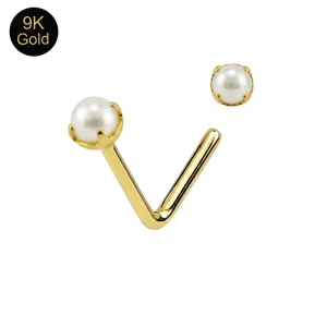 9K Solid Yellow Gold Lustrous Pearl L-Bend Nose Stud (22G)
