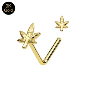 9K Solid Yellow Gold Marijuana Leaf L-Bend Nose Stud (22G)