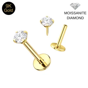 9K Solid Gold Moissanite Diamond 3mm Threadless Labret Piercing | 16G