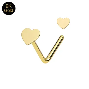Main product view of a 9k solid yellow gold L-bend nose stud with a petite 3mm heart silhouette.