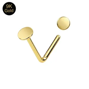 Main view of a 9k solid yellow gold L-bend nose stud with a flat plain button disc top.