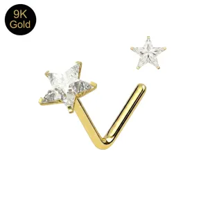 Main product view of a 9k solid yellow gold L-bend nose stud with a 3mm star-cut CZ stone.