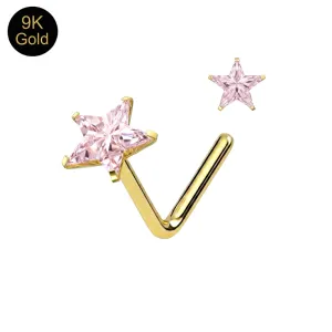 9K Solid Yellow Gold Stellar Pink Star CZ L-Bend Nose Stud (22G)