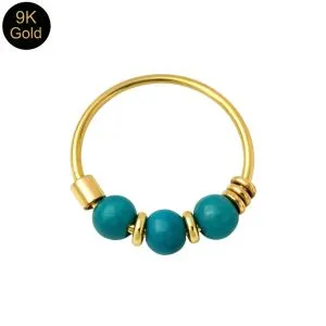 9K Solid Yellow Gold hoop nose ring with three turquoise beads and gold spacer rings
