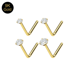 Main product view of a 9K solid yellow gold L-bend nose stud with a brilliant round prong-set CZ.