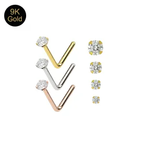 Main product view of a 9K solid yellow gold L-bend nose stud with a brilliant round prong-set CZ.