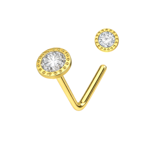 9K solid yellow gold L-bend nose stud featuring a 2mm clear crystal centered in a 4mm decorative hole-pattern frame.