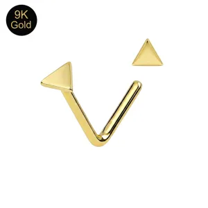 Main product view of a 9K solid yellow gold L-bend nose stud with a 3mm triangle design.