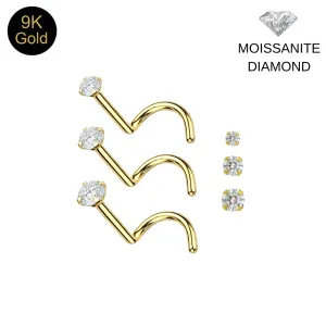 9K Solid Yellow Gold Moissanite Diamond Claw-Set Screw Nose Stud | 22G