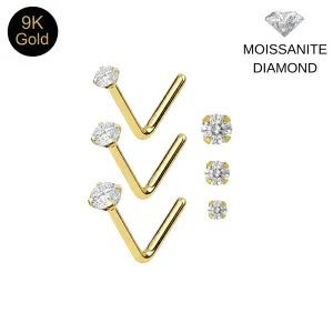 9K Solid Yellow Gold Moissanite Diamond Claw-Set L-Bend Nose Stud | 22G