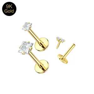 14K solid yellow gold threadless labret with a 2mm square prong-set CZ top and a separate view of the exclusive push-pin fit system.