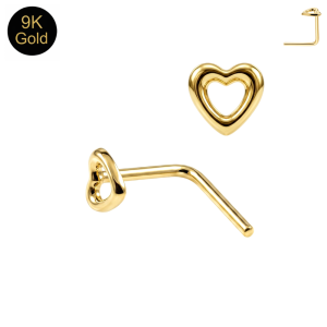 9K Yellow Gold Heart Cut Out L-Shape Nose Stud | 22G 6mm