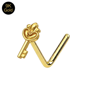 9K Solid Yellow Gold Radiant Heart Key L-Bend Nose Stud (22G)