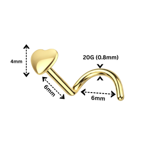 Close-up shot of the high-polish heart-shaped top of the 20G gold nose screw.