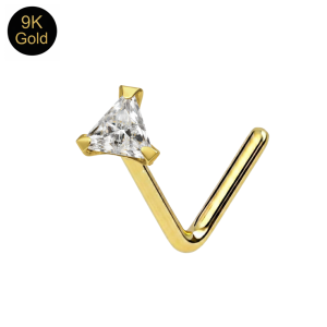 9K Solid Yellow Gold 3-Prong Triangle CZ L-Bend Nose Stud (22G)