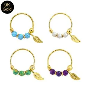 9K Yellow Gold Opal Stones with Leaf Hoop Nose Ring