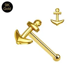 9K Solid Yellow Gold Anchor Nose Stud 22G – Ball End Nose Pin