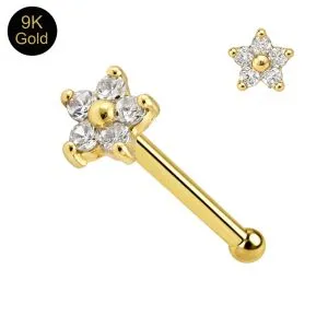 9K Solid Yellow Gold CZ Flower Nose Stud 22G – Jeweled Nose Pin