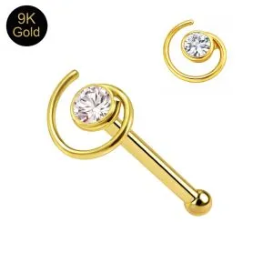 9K Solid Yellow Gold Jeweled Coil Nose Stud 22G – Ball End Nose Pin