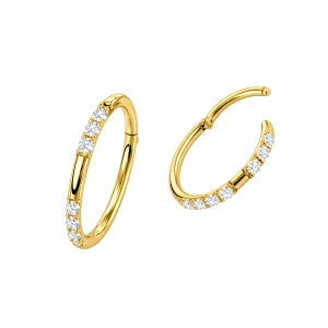9K solid yellow gold split-line CZ jeweled hinged segment clicker ring shown in open and closed positions for professional inventory selection.