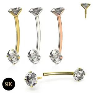 9K Gold Internally Threaded Round CZ Jeweled Eyebrow Piercing