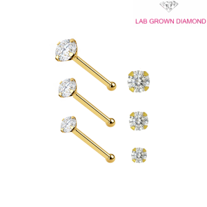 14K Solid Yellow Gold Radiant Lab Grown Diamond Claw-Set Ball end Nose Pin (22G)