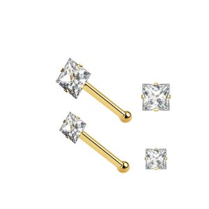 14K Gold Square Jeweled Ball End Nose Pin