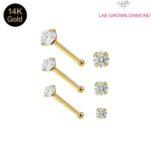 14K Solid Yellow Gold Radiant Lab Grown Diamond Claw-Set Ball end Nose Pin (22G)