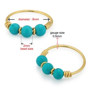 Technical diagram of 9K gold turquoise nose ring showing 22 gauge thickness, 8mm diameter, and 2mm bead size