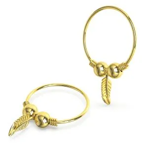 14K Yellow Gold Spring Coil end Gold Beaded with Leaf Charm Nose Hoop Ring