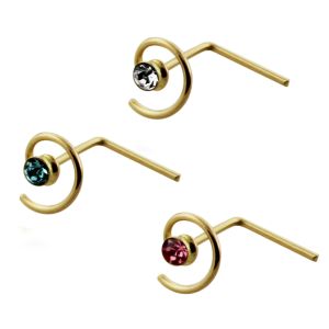 9K Gold L-Shaped Jeweled Coil Nose Stud