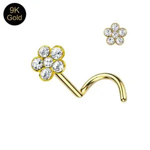 9K Solid Yellow Gold Crystal Flower Nose Stud